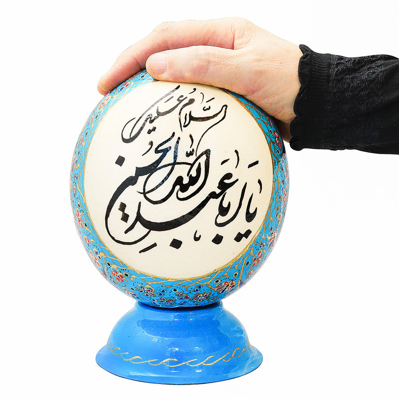 تخم شترمرغ تزیینی صنایع دستی فاخر مدل مگنت دار طرح یا أباعبدالله الحسین (ع) کد 2015