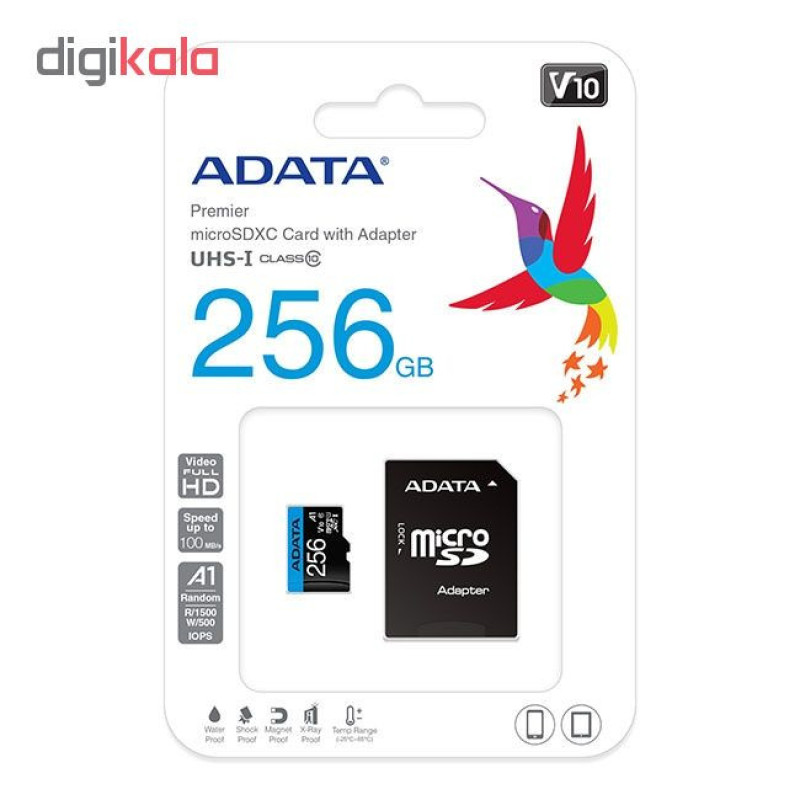کارت حافظه‌ microSDXC ای دیتا مدل premier کلاس 10 استاندارد UHS-I U1 سرعت 100 MBps ظرفیت 256 گیگابایت به همراه آداپتور SD