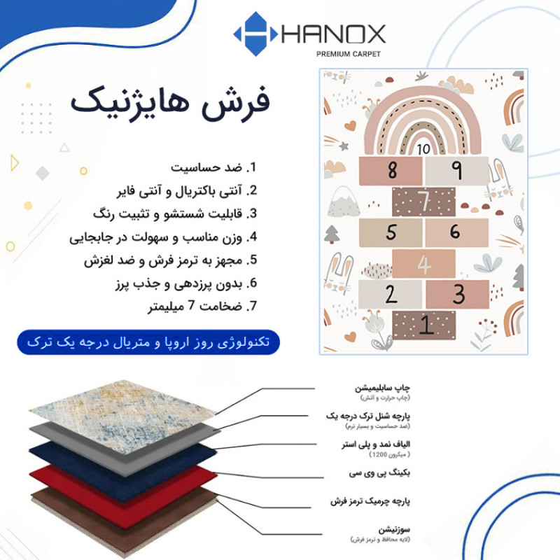فرش ماشینی 1000 شانه هانوکس زمینه کرم - قهوه‌ای حاشیه چند رنگ مدل کودک کد U301