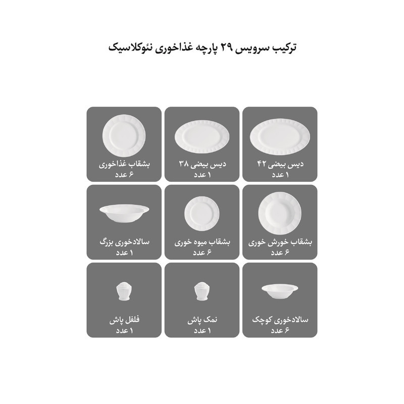 سرویس غذاخوری 29 پارچه چینی زرین ایران سری نئوکلاسیک مدل آسمان درجه عالی