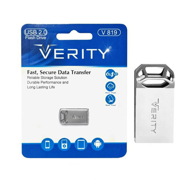 فلش مموری وریتی مدل V-819 ظرفیت 64 گیگابایت با بدنه فلزی، رابط USB 2.0 Type-A، سرعت انتقال 30 مگابایت بر ثانیه و سازگار با گوشی، کامپیوتر، لپ‌تاپ، تلویزیون و تبلت
