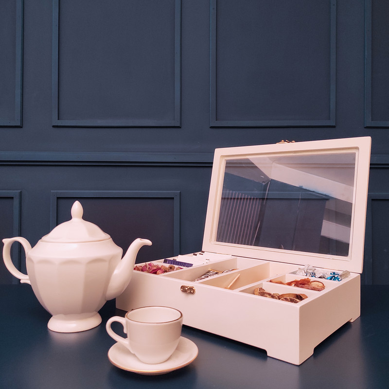 جعبه پذیرایی MDF هشت قسمتی پایه چوبی با درب شیشه‌ای مناسب نگهداری دمنوش و تنقلات
