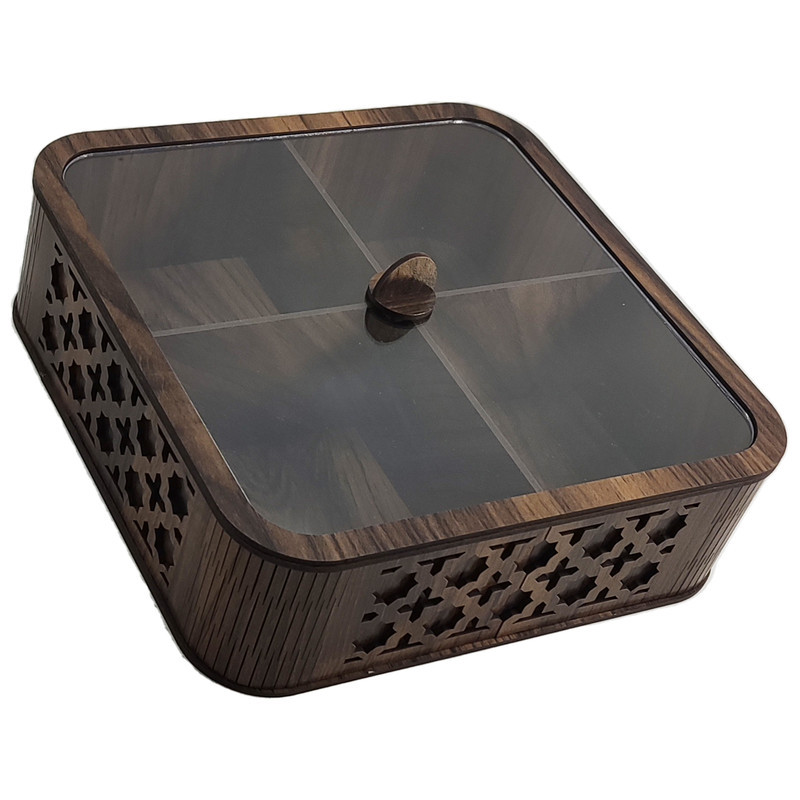 جعبه پذیرایی مدل LZ-1 با بدنه MDF و در پلکسی، مناسب نگهداری آجیل، دمنوش و شکلات، مقاوم در برابر نفوذ گرد و غبار