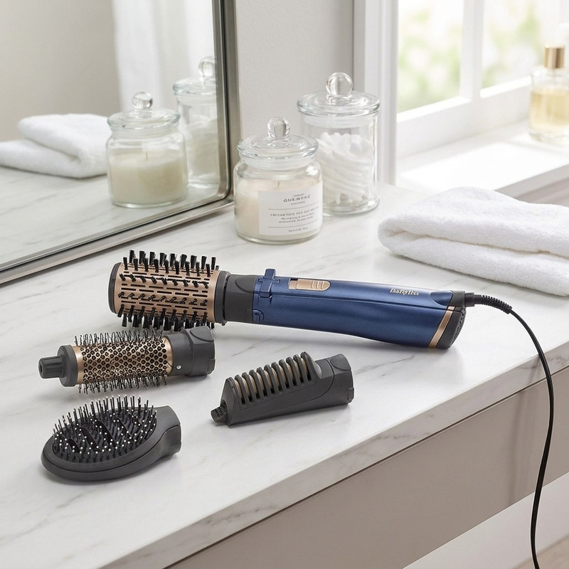 سشوار برس‌دار چرخشی 1000 وات بابیلیس مدل Style pro 1000، موتور DC، وزن 280 گرم، المنت سرامیک، دارای سری متمرکز‌کننده باریک با ویژگی صاف‌کنندگی، فرکنندگی، با قابلیت باد سرد، فناوری تولید یون