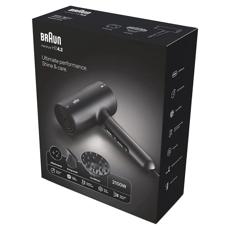 سشوار حرفه‌ای 2100 وات براون مدل HD425، موتور DC، وزن 500 گرم، دارای سری دیسپانسر، متمرکز‌کننده باریک با ویژگی فرکنندگی، صاف‌کنندگی، حجم‌دهندگی، با قابلیت تنظیم دما