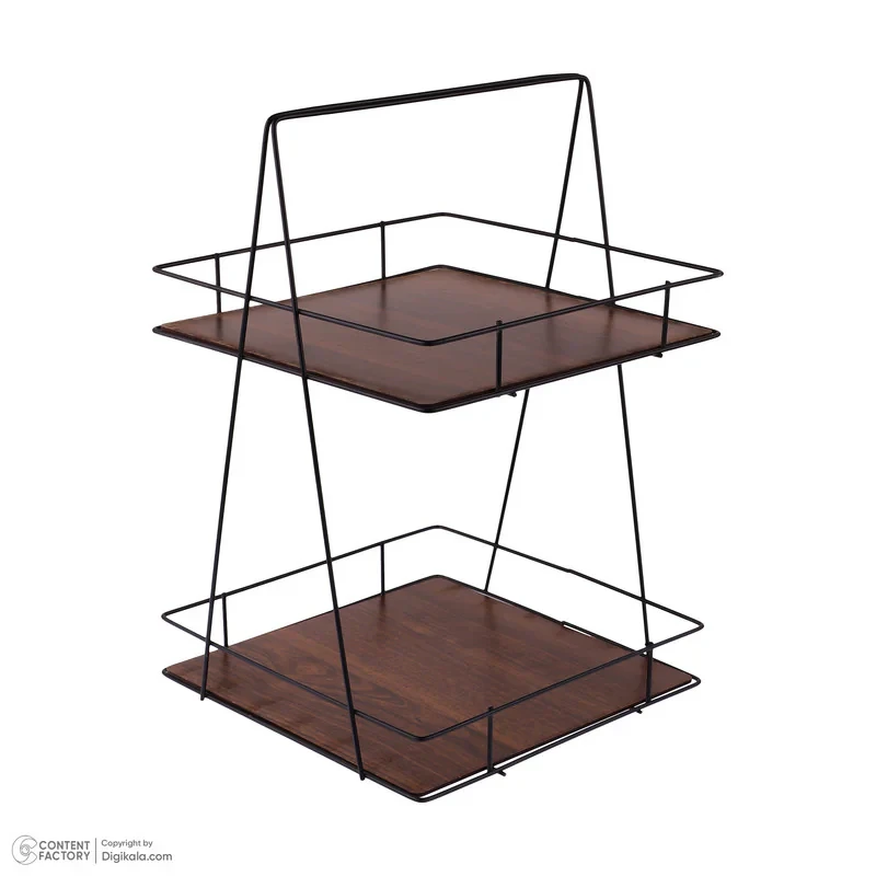 استند پذیرایی دو طبقه MDF و فلز مدل دو طبقه کف چوبی با طراحی مربع و وزن 615 گرم، مناسب سرو و پذیرایی با استحکام بالا و امکان استفاده در فضای داخلی