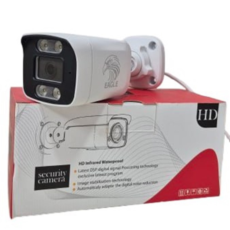 دوربین مداربسته آنالوگ ایگل مدل B805153 با حسگر CCD، رزولوشن 2 مگاپیکسل، زاویه دید 120 درجه، دید در شب و مقاومت در برابر آب، اتصال باسیم BNC و منبع تغذیه 12 ولت 1 آمپر