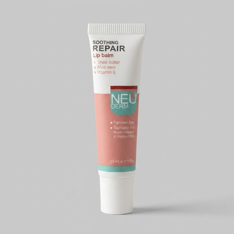 بالم لب مرطوب‌کننده و آبرسان نئودرم مدل Soothing Repair حجم 15 میلی‌لیتر با عصاره آلوئه‌ورا، شی‌باتر و ویتامین E مناسب پوست خشک و حساس بدون الکل و پارابن