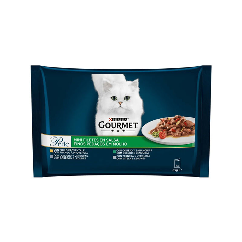 پوچ گربه بالغ گورمت مدل Perle Mini Fillets in Sauce با طعم گوشت در سس وزن 85 گرم بسته 4 عددی