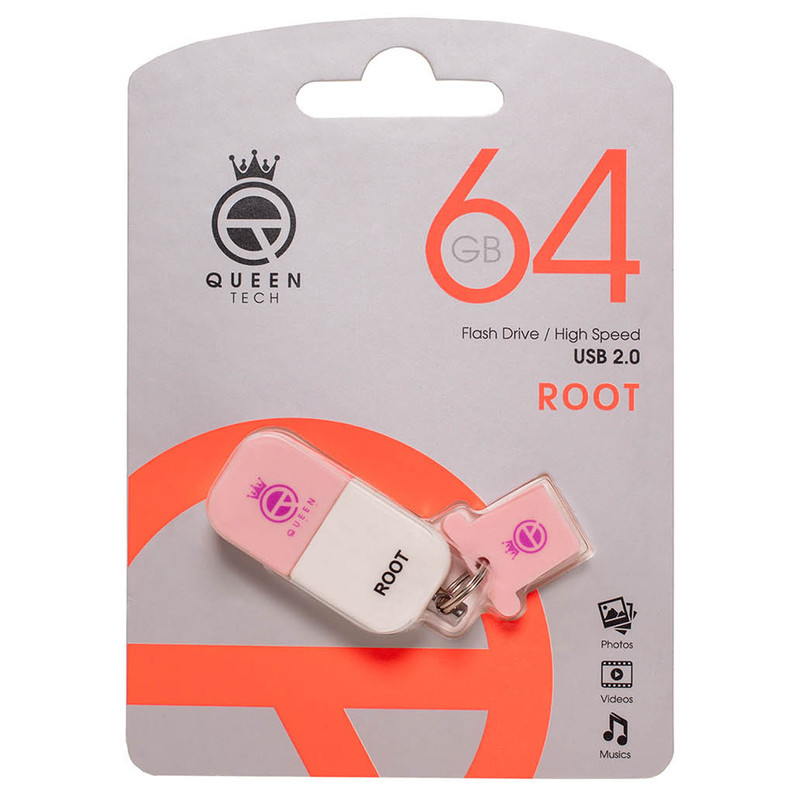 فلش مموری کوئین تک مدل ROOT ظرفیت 64 گیگابایت با رابط USB 2.0 و سرعت خواندن 25 مگابایت بر ثانیه، طراحی درپوش‌دار و بند آویز، سازگار با تمام سیستم‌عامل‌ها و دستگاه‌های مختلف