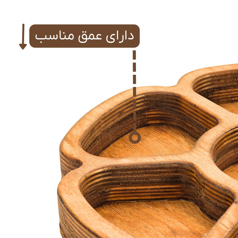 ظرف پذیرایی چوبی طرح گل مدل OD25 با 7 محفظه جداگانه، مناسب سرو آجیل و شکلات، شستشو با دست، ابعاد 28×28×3 سانتی‌متر