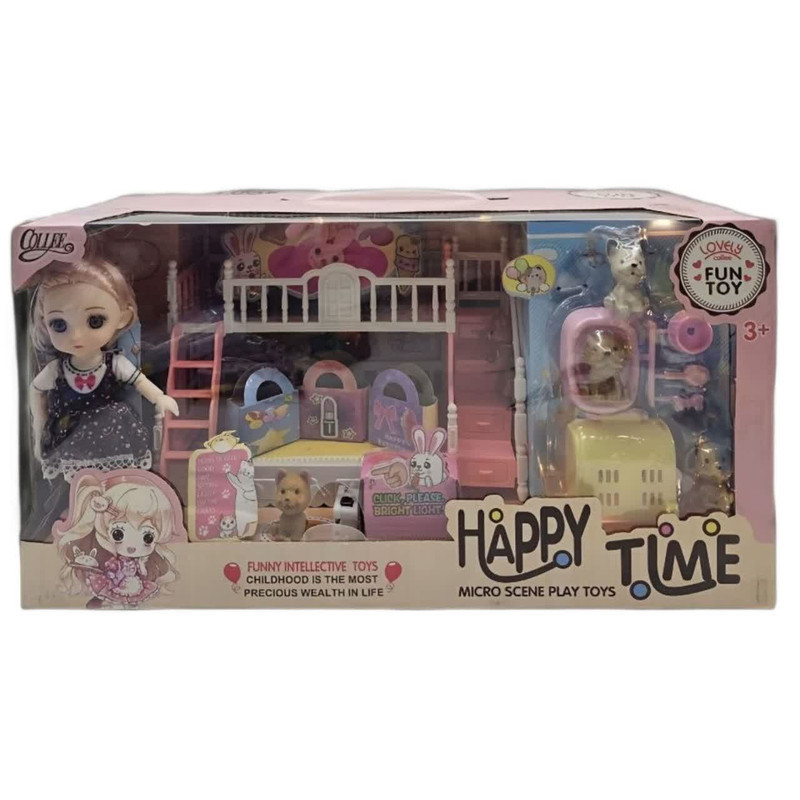 ست اسباب بازی خانه عروسکی چراغدار ناب سل همراه با تخت و 4 عدد سگ و لوازم دکوری کد HAPPY TIME NAAB001