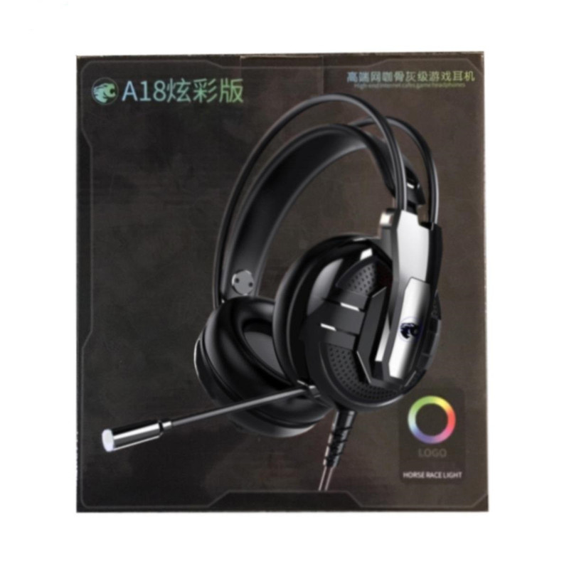 هدست گیمینگ مدل RGB-A18 بدون قابلیت نویز کنسلینگ، جک 3.5 میلی‌متری صدا، دارای میکروفون با قابلیت چرخش، کلید افزایش و کاهش صدا، چراغ LED