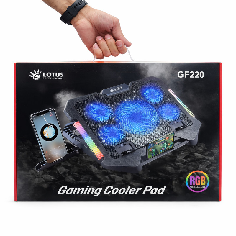 پایه خنک‌کننده لپ‌تاپ گیمینگ لوتوس مدل GF220-RGB دارای پنج عدد فن مناسب برای لپ تاپ‌های 14 تا 17 اینچی