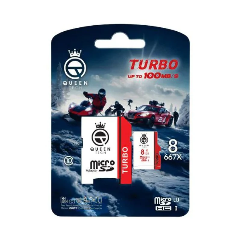 کارت حافظه MicroSDHC کوئین تک مدل TURBO-667X کلاس 10 استاندارد U1 سرعت 100MBS ظرفیت 8 گیگابایت به همراه آداپتور SD