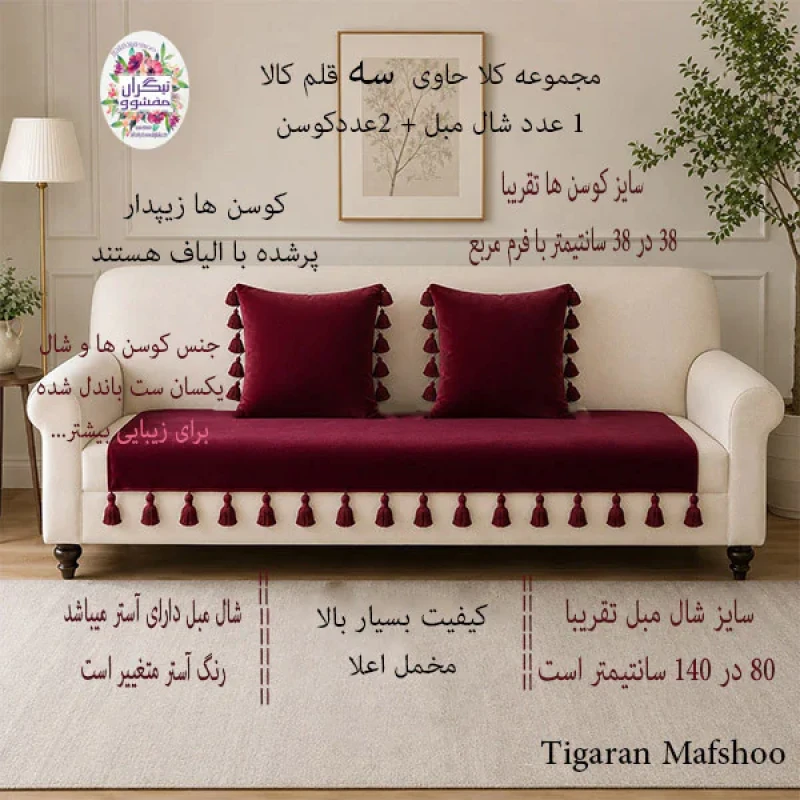 کوسن تیگران مفشوو مدل  BIGMNL سایز 38×38 سانتی متر مجموعه 2 عددی به همراه شال مبل