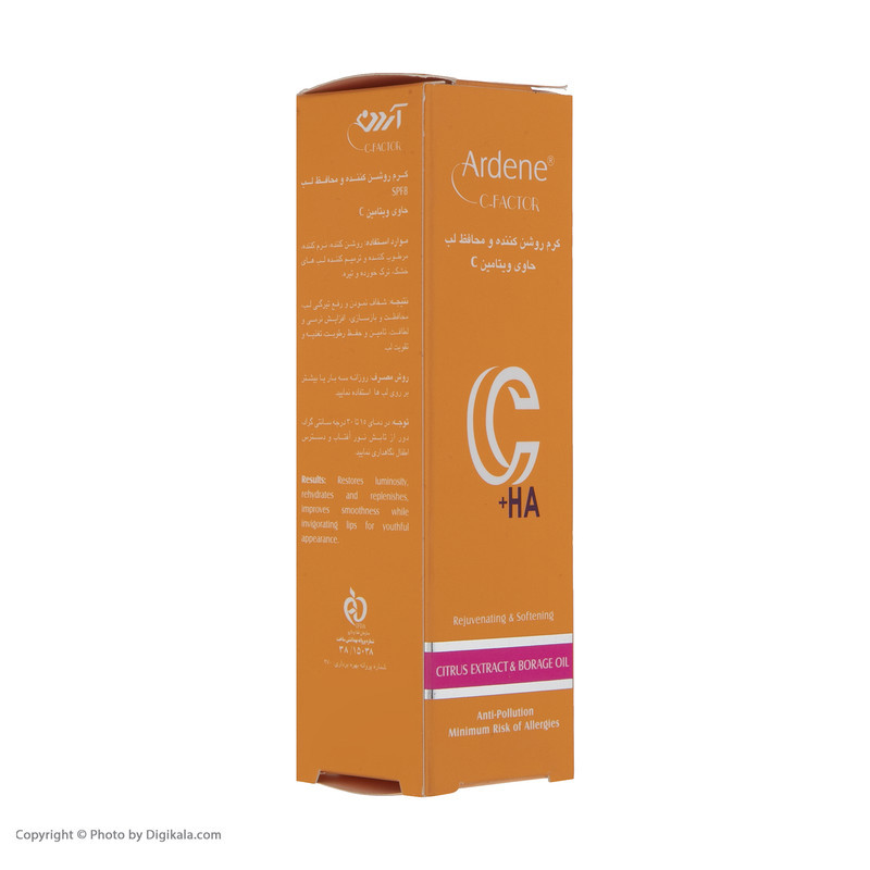 کرم نرم‌کننده و روشن‌کننده لب آردن سی فکتور مدل ویتامین C حجم 12 ml مناسب لب‌های خشک و ترک‌خورده، حاوی شی‌باتر، عصاره پرتقال و لیمو، روغن جوجوبا و کالاندولا، مرطوب‌کننده و محافظت در برابر آفتاب