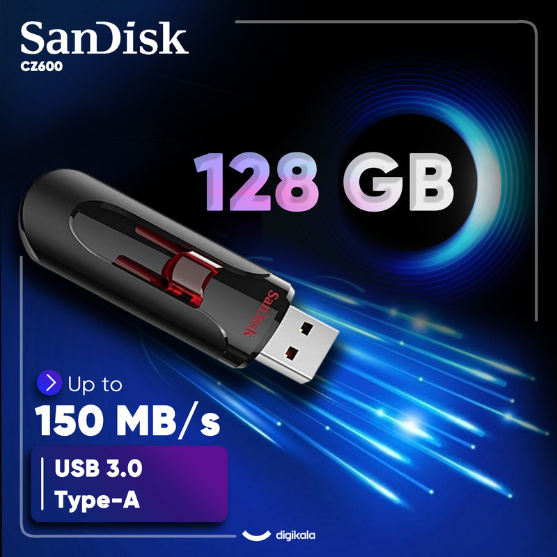 فلش مموری سن دیسک مدل CZ600 ظرفیت 128 گیگابایت رابط USB 3.0 Type-A کشویی، سرعت انتقال 150 مگابایت بر ثانیه، سازگار با گوشی، تبلت، کامپیوتر، لپ‌تاپ و تلویزیون