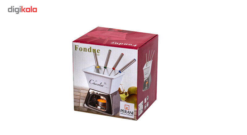 ست فوندوخوری مدل A852S با بدنه چینی و صفحه گردان، کاسه بزرگ گرم نگهدارنده با ابعاد 12×12×7.5 سانتی‌متر، استند استیل وارمر دار با ابعاد 12×12×7 سانتی‌متر، مناسب سرو شکلات گرم و فینگرفود، همراه با 4 عدد چنگال 17.5 سانتی‌متر
