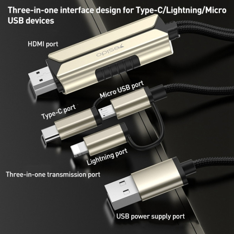 کابل تبدیل HDMI به لایتنینگ  microUSB USB-C یسیدو مدل HM14 طول 2 متر