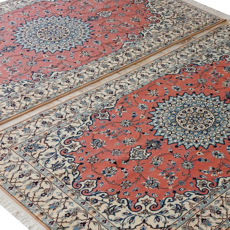 فرش دستبافت 3 متری مدل نایین لچک و ترنج ۹لا کد 975 - 974 زمینه پیازی مجموعه 2 عددی