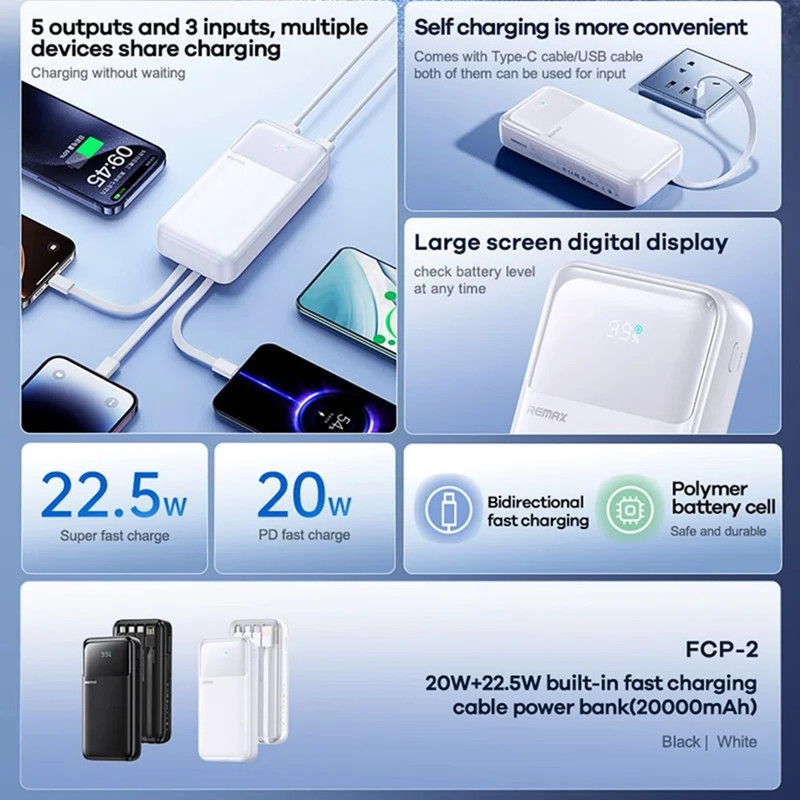 پاوربانک ریمکس مدل FCP-2 22.5W ظرفیت 20000 میلی آمپر ساعت