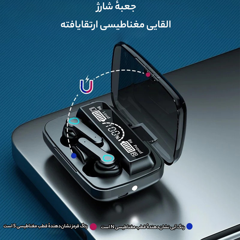 هدغون بلوتوثی مدل air pods m19 بدون قابلیت نویز کنسلینگ، درگاه شارژ microUSB، دارای کنترلر لمسی روی گوشی‌ها، امکان استفاده از محفظه شارژ به عنوان پاور بانک