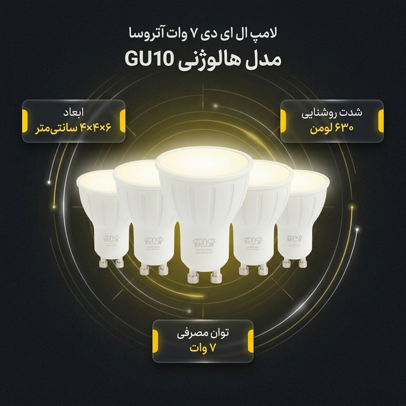 لامپ ال ای دی 7 وات آتروسا مدل هالوژنی پایه GU10 مجموعه 5 عددی