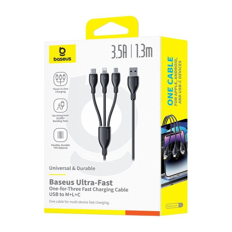 کابل تبدیل USB به لایتنینگUSB-Cmicro-USB بیسوس مدل Ultra-Fast 3.5A طول 1.3 متر