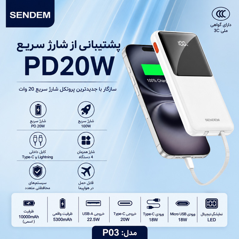 پاوربانک 22.5 وات سندم مدل P03 ظرفیت 10000 میلی‌آمپرساعت