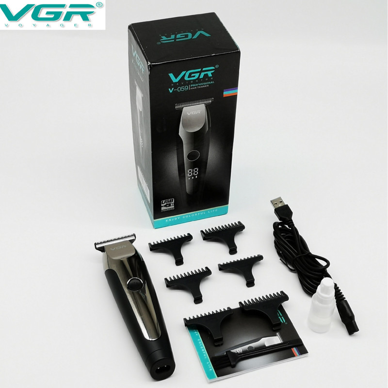 ماشین اصلاح موی صورت و بدن وی جی ار مدل V-059 با تیغه استیل ضد زنگ خودتیز شونده، باتری لیتیوم یونی با 150 دقیقه زمان استفاده، نمایشگر دیجیتال، تنظیم سرعت 3 مرحله‌ای و 6 عدد شانه سایز 1 تا 6 میلی‌متر