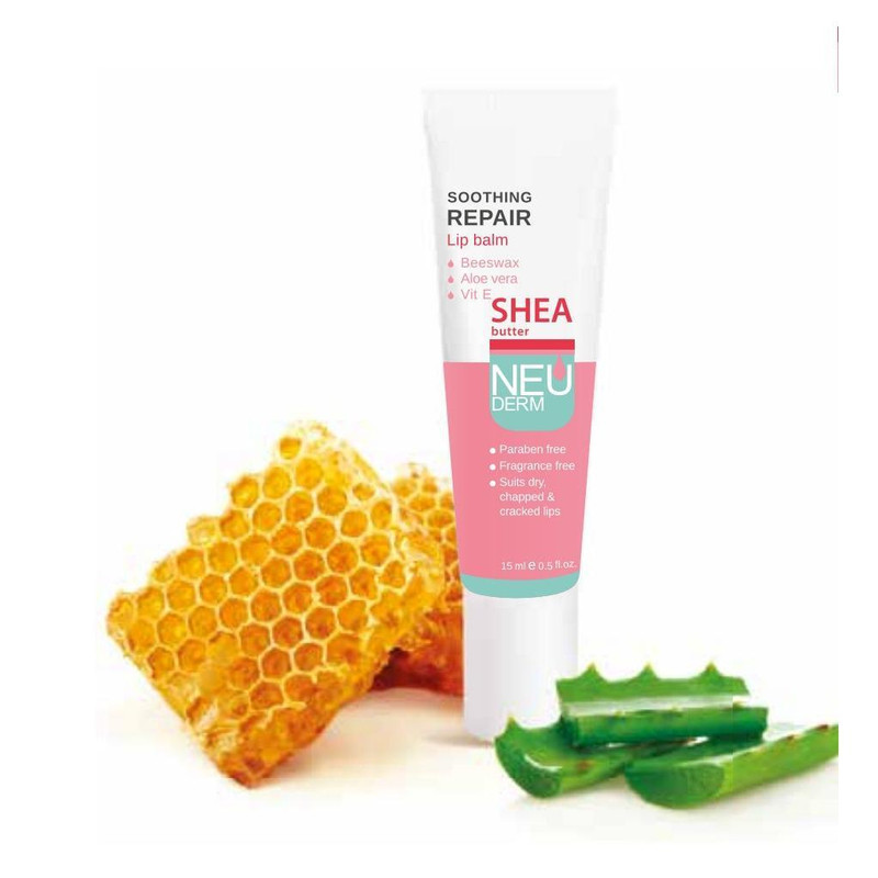 بالم لب مرطوب‌کننده و آبرسان نئودرم مدل Soothing Repair حجم 15 میلی‌لیتر با عصاره آلوئه‌ورا، شی‌باتر و ویتامین E مناسب پوست خشک و حساس بدون الکل و پارابن