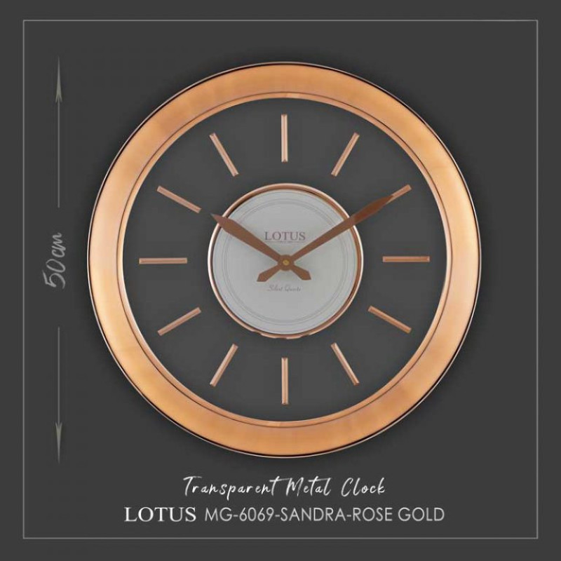 ساعت دیواری عقربه‌ای با نشانگر عددی و خطی لوتوس مدل MG-6069-SANDRA-ROSEGOLD