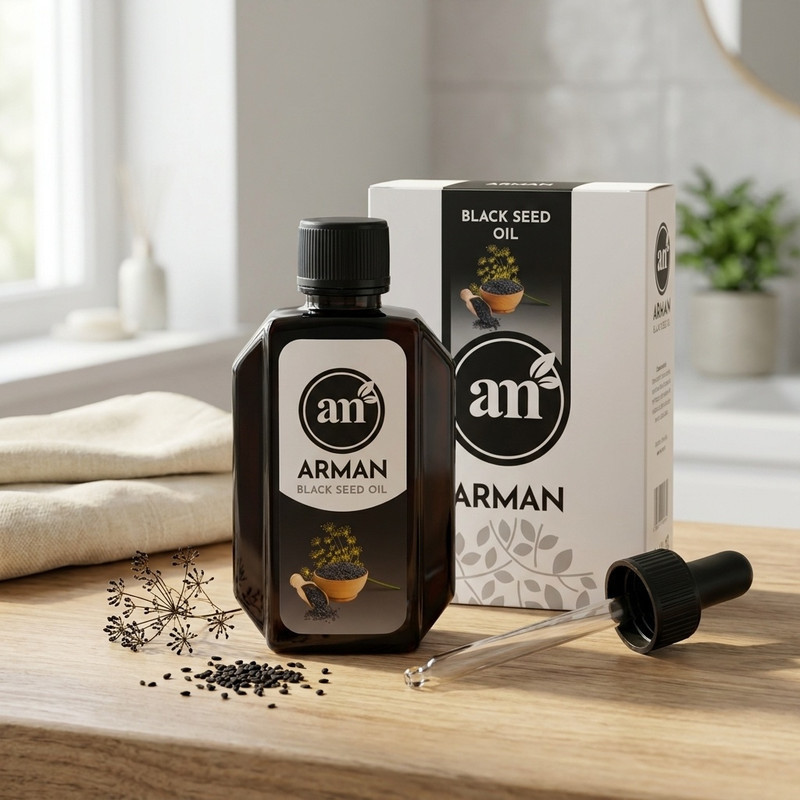 روغن سیاه دانه آرمان 60 میلی‌لیتر مناسب انواع پوست با ویتامین‌های A ،B3 ،C ،D ،E رفع آکنه، درمان پسوریازیس، نرم‌کننده پوست، آبرسان مو و بهبود علائم آرتروز مفصلی