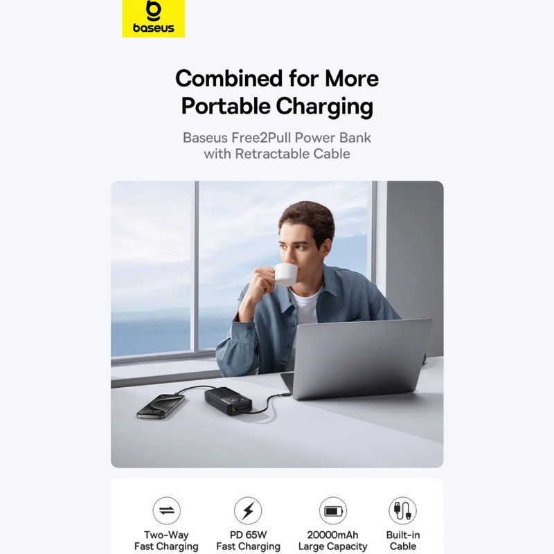 پاوربانک بیسوس مدل Free2Pull 65W ظرفیت 20000 میلی آمپر ساعت به همراه کابل USB-C