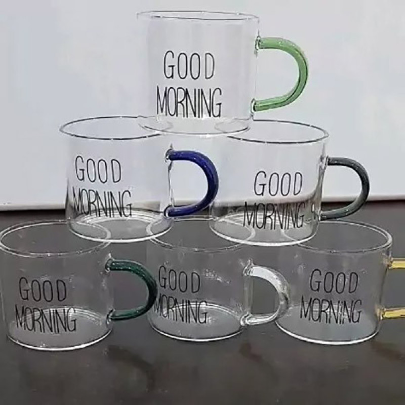 فنجان مدل شات قهوه پیرکس دسته رنگی طرح GOOD MORNING