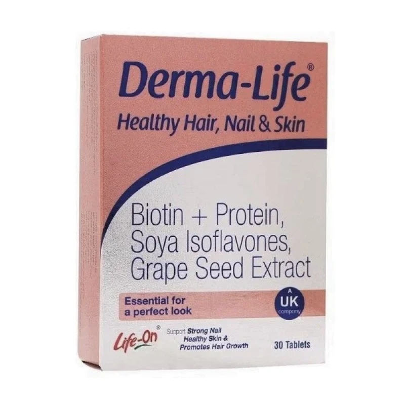 قرص مکمل سلامت پوست، مو و ناخن درما لایف Healthy Hair, Nail & Skin بسته 30 عددی با ترکیبات روی، ویتامین D، منیزیم و آهن برای حفظ استحکام و تقویت مو، ناخن و ترمیم پوست