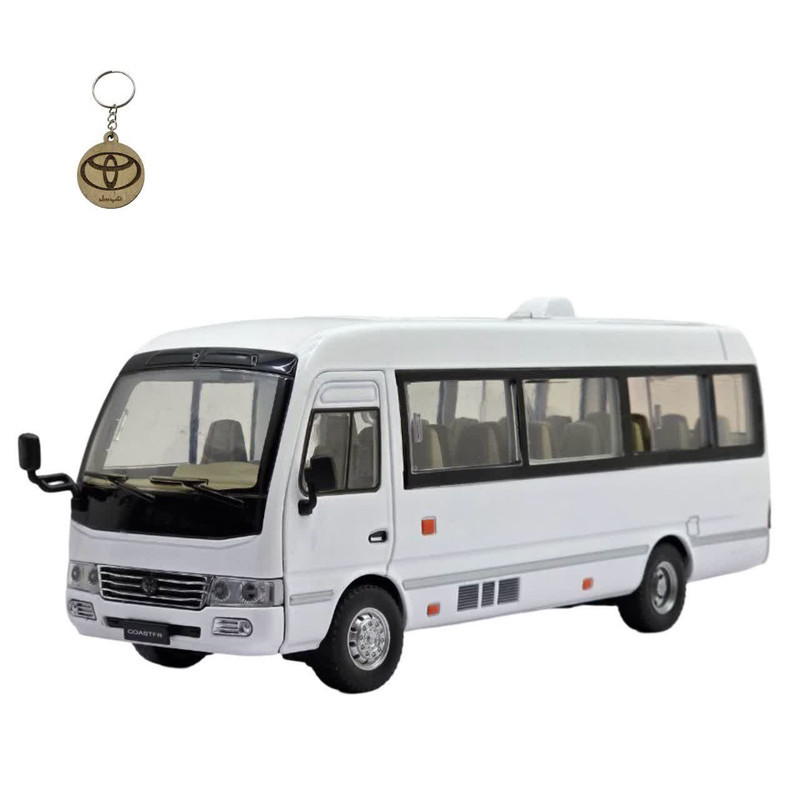 ماکت ماشین ناب سل مدل مینی بوس تویوتا کاستر فلزی سانروف چراغدار موزیکال عقب کش Toyota Coaster Bus به همراه جاسوییچی
