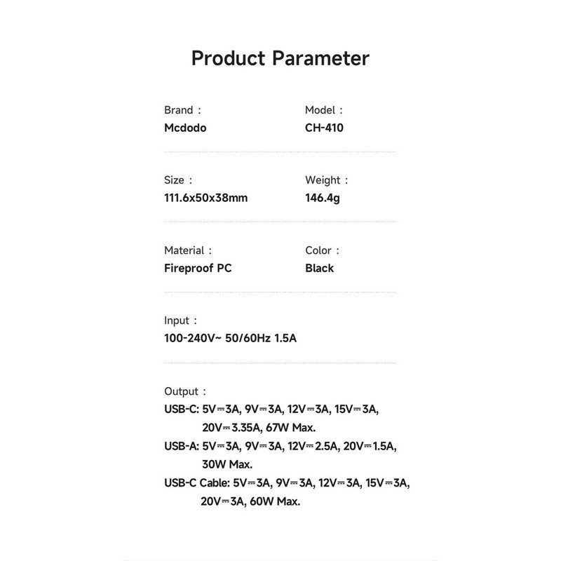 شارژر دیواری 67 وات مک دودو مدل CH-4100 به همراه کابل متصل به بدنه USB-C