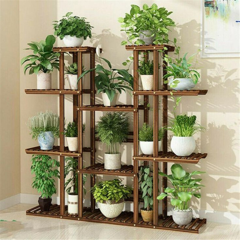 استند گلدان چوبی مدل Mtf5 با ابعاد 120x110x25 سانتی‌متر، ساختار چندطبقه مقاوم از چوب روس مناسب برای چیدمان و نگهداری انواع گلدان‌ها در فضای داخلی و خارجی