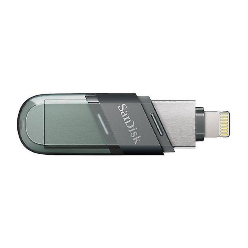 فلش مموری سن دیسک iXPAND FLIP ظرفیت 256 گیگابایت با دو رابط Lightning و USB 3.1، بدنه فلزی، سازگار با iPhone، iPad، ویندوز و مک، انتقال خودکار عکس و ویدیو، طراحی درپوش‌دار و سبک