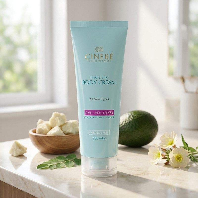 کرم بدن مرطوب‌کننده سینره مدل Hydra Silk حجم 250 میلی‌لیتر با محافظت در برابر آلودگی هوا، حاوی پپتیدهای مورینگا، روغن آووکادو، شی باتر و روغن گل مغربی، جذب سریع و فاقد پارابن