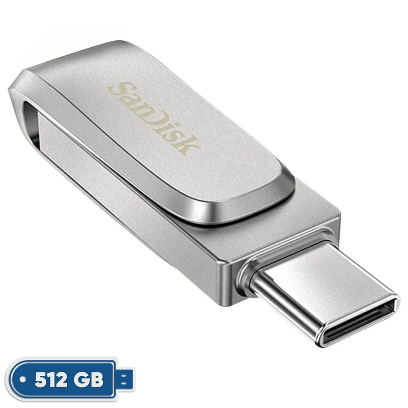 فلش مموری سن دیسک Ultra Dual Drive Luxe ظرفیت 512 گیگابایت با دو رابط USB 3.2 Type-C و Type-A، طراحی چرخشی، بدنه فلزی و سازگار با گوشی، تبلت، کامپیوتر و تلویزیون