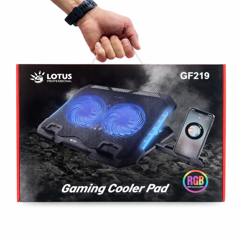 پایه خنک‌کننده لپ‌تاپ گیمینگ لوتوس مدل GF219-RGB دارای دو عدد فن مناسب برای لپ تاپ‌های 13 تا 16 اینچی