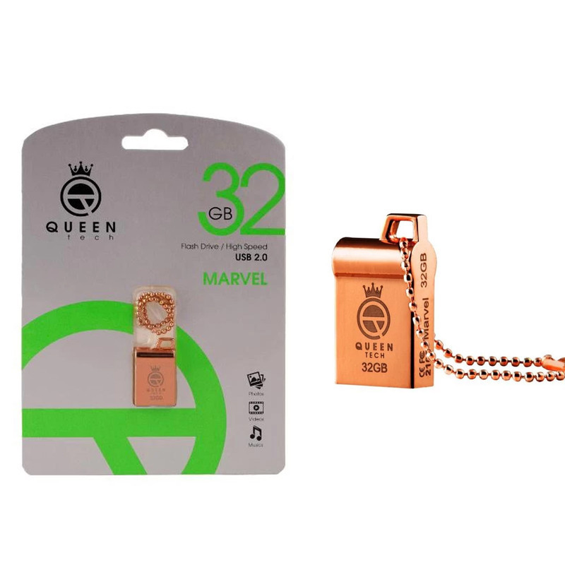فلش مموری کوئین تک مدل MARVEL ظرفیت 32 گیگابایت رابط USB 2.0، بدنه فلزی مقاوم، طراحی فشرده با بند آویز، ضد آب و ضد شوک، سرعت انتقال 30 مگابایت بر ثانیه، سازگار با کامپیوتر، لپ‌تاپ، موبایل و تبلت