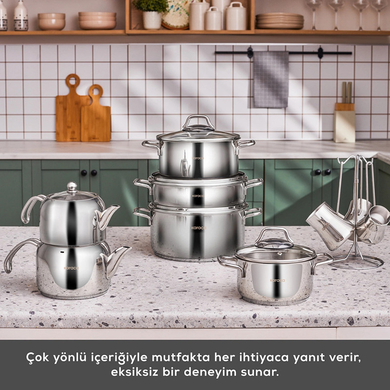 سرویس قابلمه و تابه استیل 15 پارچه کاراجا مدل Belgrad همراه با ابزار آشپزی