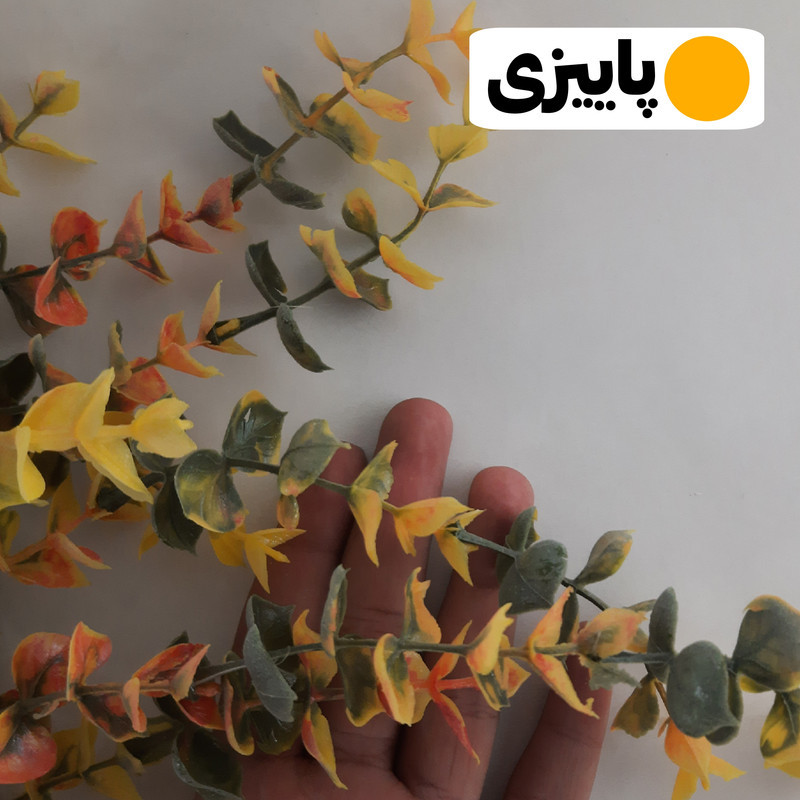 گل مصنوعی آویزی طرح شمشاد با برگ‌های شمشاد مات و گلدان حصیری روستیک، مناسب دکور دیواری و رومیزی، ابعاد 25×25×80 سانتی‌متر، وزن 150 گرم