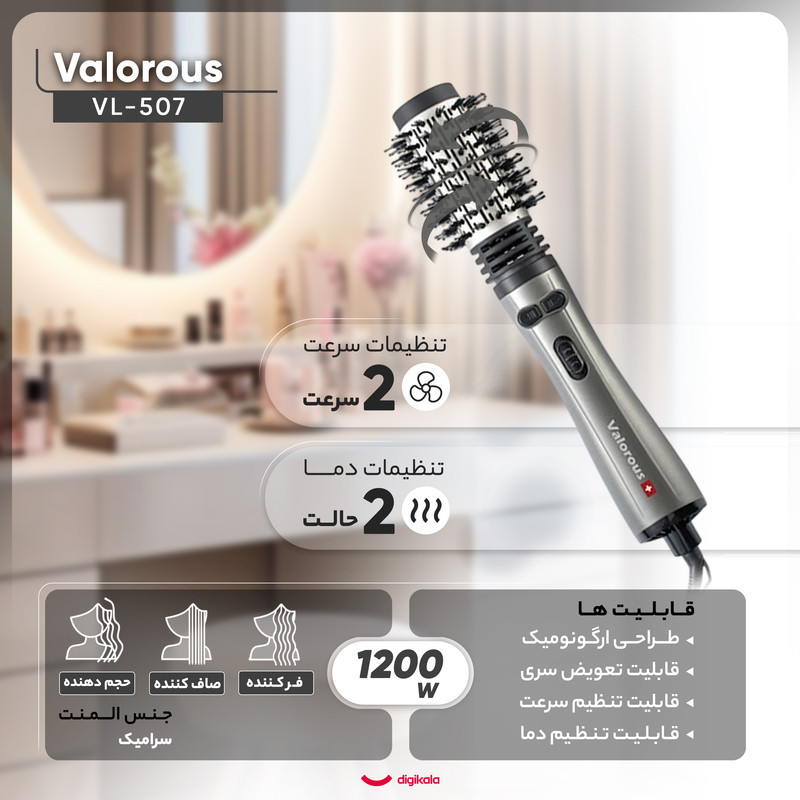 سشوار برس‌دار چرخشی 1200 وات والوروس مدل VL-507، موتور AC، وزن 950 گرم، المنت سرامیک، دارای سری برس‌دار گرد باریک، سری برس‌دار گرد پهن با ویژگی فرکنندگی، صاف‌کنندگی، حجم‌دهندگی، با قابلیت تنظیم دما