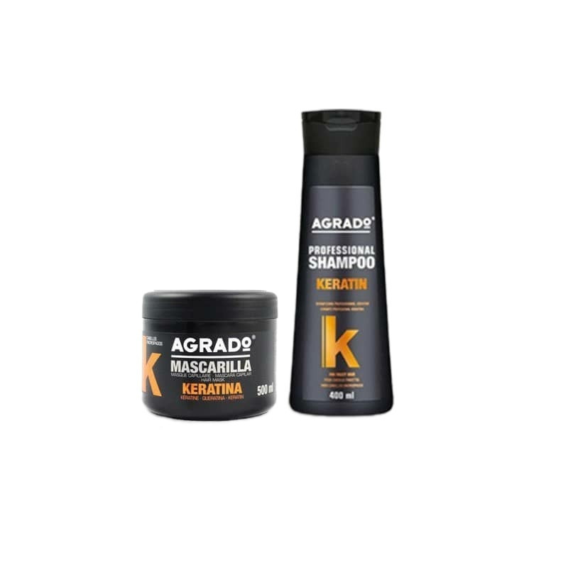 ماسک مو آگرادو مدل Keratina حجم 500 میلی لیتر به همراه شامپو مو مدل Keratin حجم 400 میلی لیتر