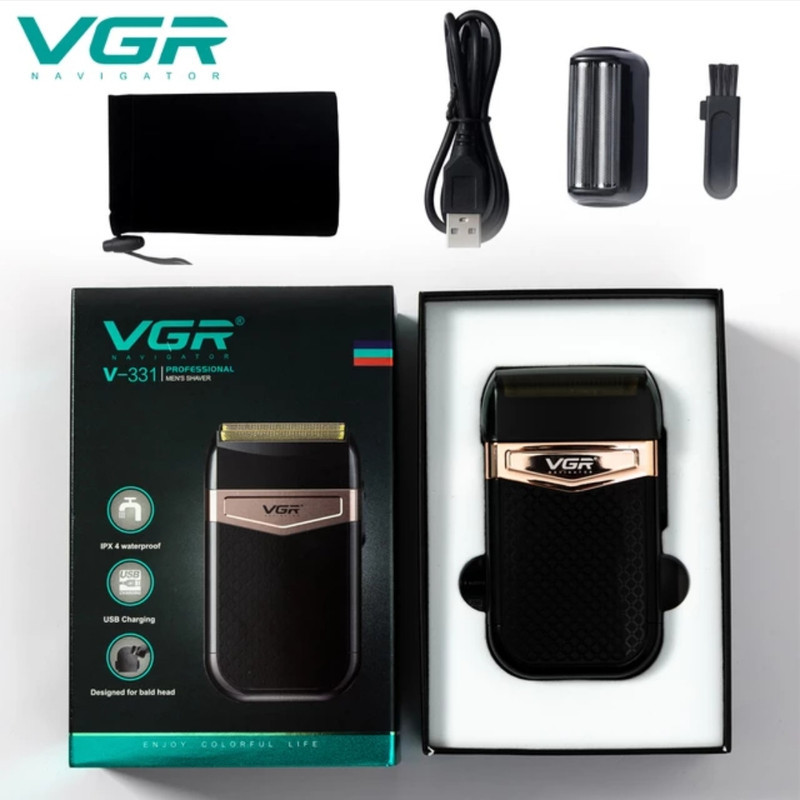ماشین اصلاح موی صورت وی جی ار مدل 331 ضدآب با طراحی ارگونومیک، تیغه استیل پیشرفته سه‌تیغه، شارژ USB و قابلیت استفاده خشک و مرطوب